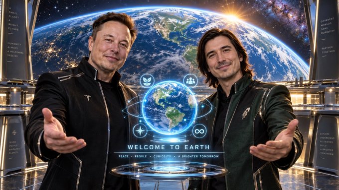 An image depicting Elon Musk and Adam Neumann standing together with Earth in the background, with 'WELCOME TO EARTH' text and icons promoting peace, people, curiosity, and a brighter tomorrow.