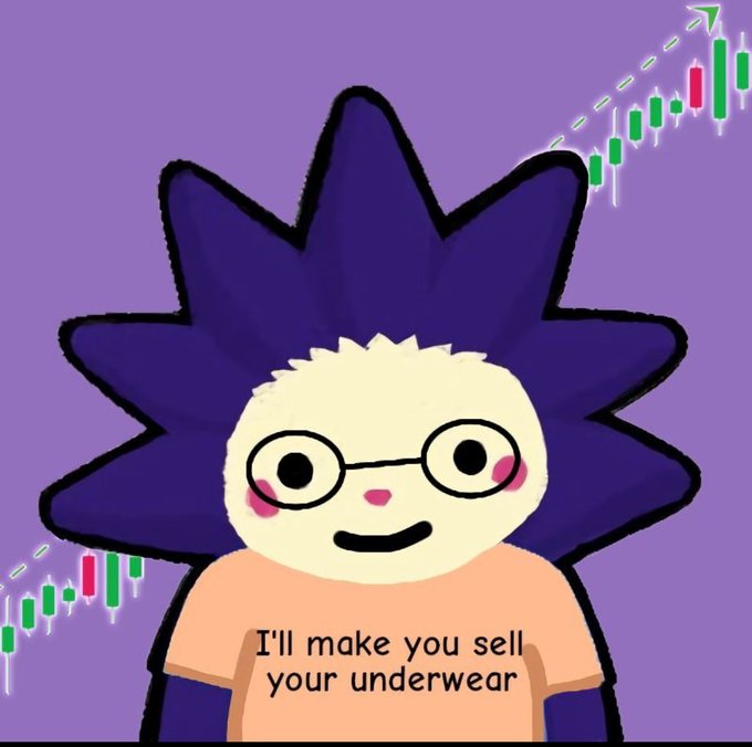 A cartoon hedgehog-like character with glasses and blush smiles against a purple background, with bullish green and red candlestick charts rising on either side. The shirt reads "I'll make you sell your underwear," fitting the meme's playful tone about Chog's move to Robinhood Crypto, where the rising charts humorously imply the price will skyrocket.