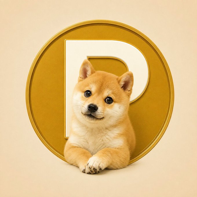 A cute Shiba Inu puppy sits in front of a large white letter "P" on a golden circular emblem, visually representing the "$PUPE" token ticker mentioned in the post. The image aligns with the post's playful theme of "pups" being the year's trend, showcasing the adorable canine mascot behind the cryptocurrency reference.