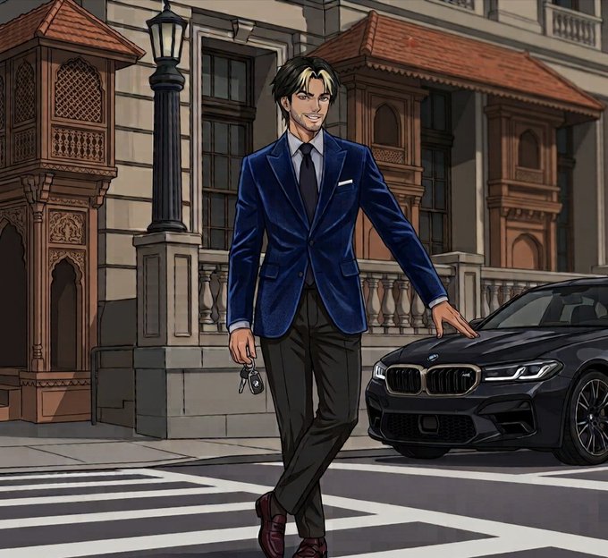 A comic-style illustration features a man in a blue suit standing on a crosswalk, holding car keys next to a dark BMW sedan, with ornate buildings in the background.
