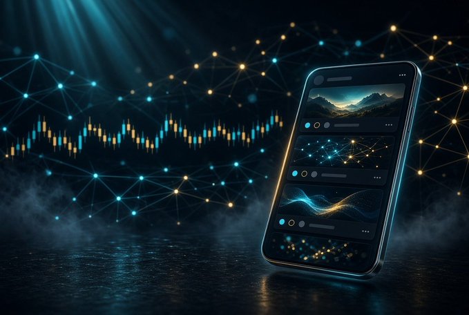 A smartphone displays scrolling market charts and data visualizations against a dark, network-lit backdrop with candlestick patterns floating in the background. The image mirrors the post's theme of shifting attention during low volatility—portraying how, with calm charts, focus redirects from frantic price-checking to passively scrolling through digital feeds, where quiet observation can spark the next major positioning move.