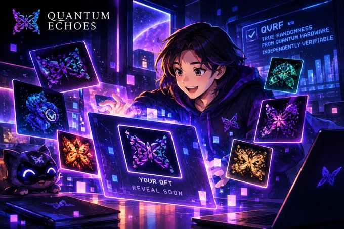 Anime-style promotional artwork featuring a character surrounded by glowing butterfly QR codes, with the text 'QUANTUM ECHOES', 'QURF TRUE RANDOMNESS FROM QUANTUM HARDWARE INDEPENDENTLY VERIFIABLE', and 'YOUR QFT REVEAL SOON'.