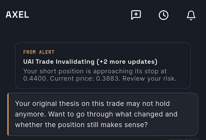 A screenshot of the AXEL app displaying an alert: 'UAI Trade Invalidating (+2 more updates) - Your short position is approaching its stop at 0.4400. Current price: 0.3883. Review your risk,' followed by a message about reviewing whether the original thesis still holds.