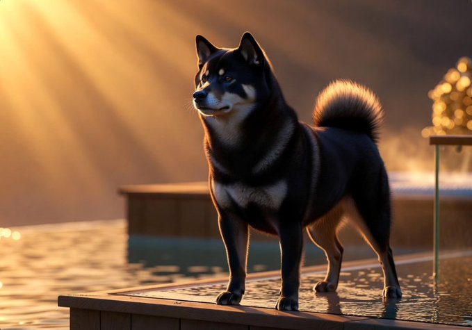 The image features a black dog standing near water at sunset. The dog appears to be enjoying its time by the pool or lake, possibly taking advantage of the relaxing atmosphere created by the warm hues of the setting sun. The photo captures the essence of the moment and showcases the beauty of nature combined with the companionship between humans and animals.
