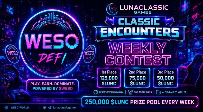 The image features a poster for a gaming event called "WESO Crew! Classic Encounters Weekly Contest" that takes place every week. The poster showcases a large neon sign with blue, pink, and purple colors, which serves as an advertisement for the contest. It also includes details about the prize pool available to participants in the contest.

The image is accompanied by text that provides information about the event, such as the prize pool size, the number of weeks it runs, and how to enter the contest. The poster aims to attract attention and encourage people to participate in the gaming competition.