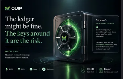 The image features an advertisement for Quip, which promotes its focus on attention and transparency rather than noise or distractions. It showcases a black box with green edges, symbolizing the idea of turning attention into a valuable asset. The text in the image emphasizes this concept by stating that "The ledger might be fine. The keys around it are the risk." This message highlights Quip's approach to leveraging user insights and contributions for financial gain while maintaining transparency and trust within its ecosystem.