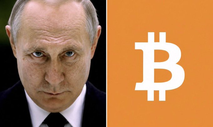 This image depicts a split screen featuring a stern portrait of President Putin on the left and the iconic Bitcoin logo on an orange background on the right, visually representing Russia's embrace of cryptocurrency regulation.