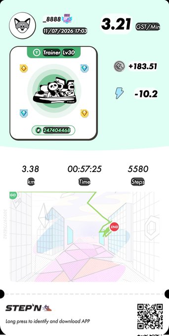 A STEP'N app screenshot showing a "Trainer Lv30" NFT sneaker with stats "3.38 km", "00:57:25 Time", "5580 Steps", and earnings of "3.21 GST/Min".
