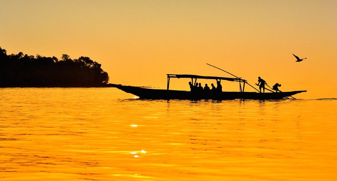 A silhouetted photograph of a longtail boat carrying passengers being navigated across calm water during a vivid golden sunset, with a bird flying overhead and tree-lined shore in the distance.