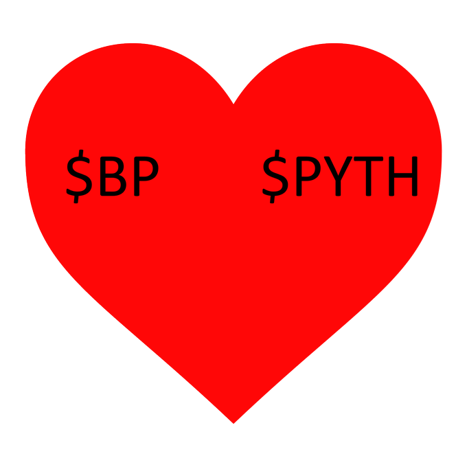 A red heart graphic contains the text "$BP" and "$PYTH," symbolizing the partnership and affection between Backpack ($BP) and Pyth Network ($PYTH), as referenced in the post about holding tokens you love.
