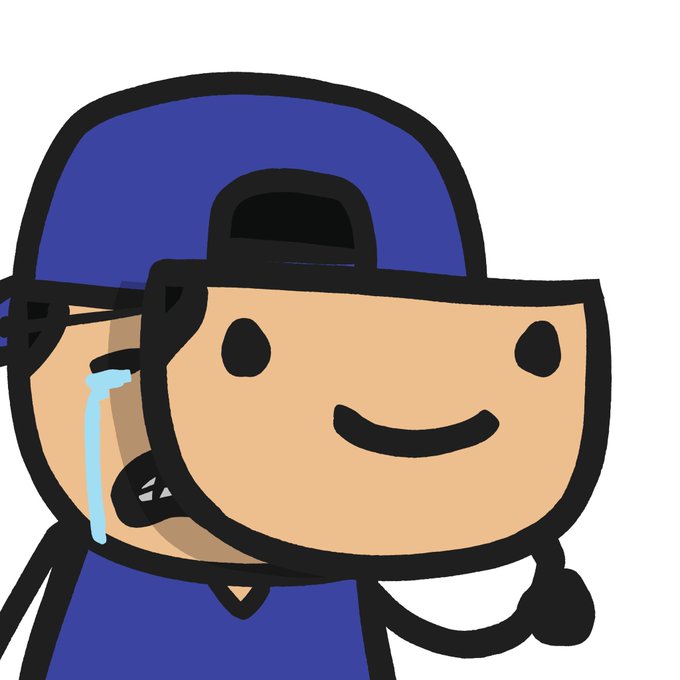 A simple cartoon drawing depicts a person wearing a blue cap and shirt, crying a single blue tear while smiling.