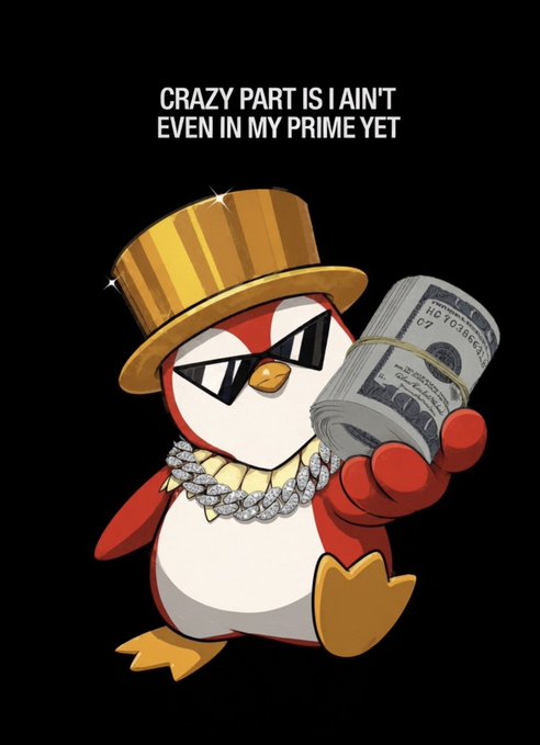 A cartoon penguin decked out in a gold top hat, diamond chains, and sunglasses flexes a fat stack of $100 bills, captioned "CRAZY PART IS I AIN'T EVEN IN MY PRIME YET"—a fitting visual for the post teasing an airdrop while hinting that anyone with cash can buy the $ANSEM memecoin instead.
