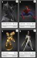 The image features a collection of four different figurines or statues, each with unique designs and colors. The first statue depicts a man wearing a cape and holding a sword, while the second statue shows a woman dressed as Spiderman. The third statue is a golden trophy, and the fourth statue portrays a person in a white suit. These figures are displayed on a gray background, making them stand out prominently against it.