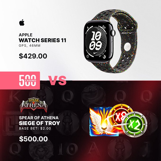 An advertisement comparison showing an Apple Watch Series 11 ($429.00) versus 'Spear of Athena: Siege of Troy' slot game base bet of $2.00 equaling $500.00 at 500 Casino.