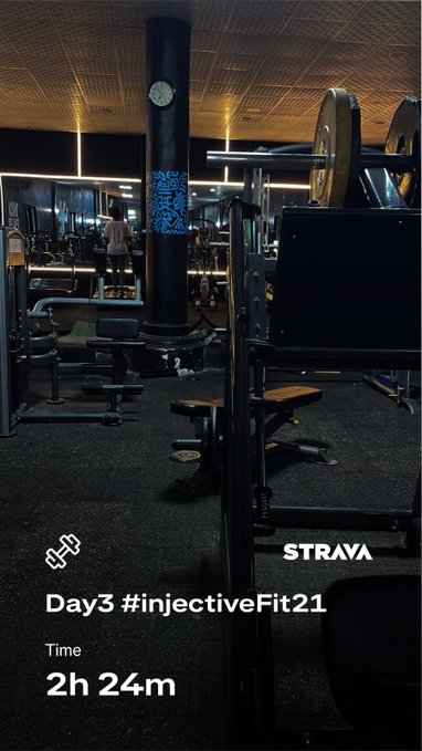 A dark gym workout story overlay shows weight equipment and a person in the background. Visible text includes “STRAYA,” “Day3 #injectiveFit21,” and “Time 2h 24m.”