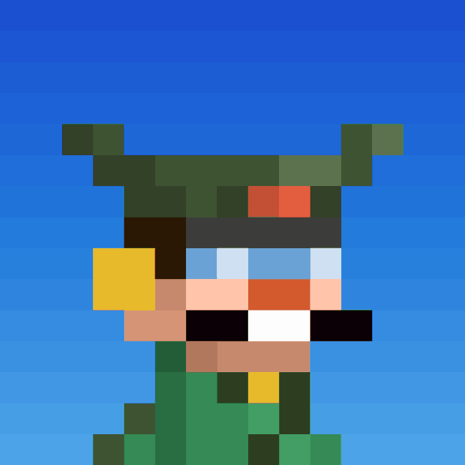 A low-resolution, heavily pixelated digital sprite of a blocky character wearing a green hat, green outfit, and a large mustache, set against a striped blue background.
