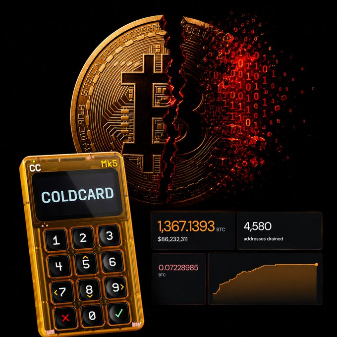 The image depicts a broken Bitcoin symbol dissolving into binary code, symbolizing a hack. A COLDCARD Mk5 device is shown with displayed text and numbers such as "1,367.1393 BTC", "$86,232,311", and "4,580 addresses drained," correlating with the accompanying post's claim of a large Bitcoin loss from a COLDCARD hack.
