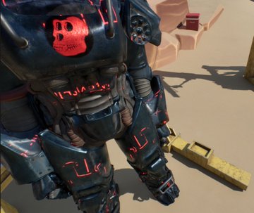 A close-up of a 3D rendered armored figure, resembling Warhammer 40k Space Marine armor, colored dark with red glowing symbols, standing on a sandy surface with crates in the background.