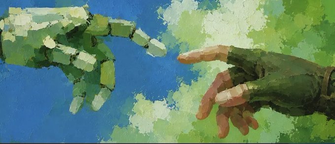 An impressionistic, painted recreation of the famous Michelangelo "Creation of Adam" detail, showing two hands reaching toward each other against a blue and green background.