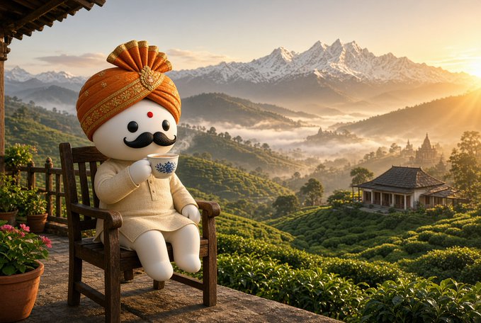 A cute cartoon mascot wearing a traditional orange turban and white outfit sits on a wooden chair, sipping from a teacup while overlooking lush green tea plantations and snow-capped Himalayan mountains at sunrise. The serene, picturesque scene pairs perfectly with a "GM!" (Good Morning) post, evoking a peaceful morning ritual with a warm cup of chai in the mountains.