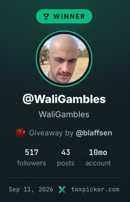 A "WINNER" announcement graphic featuring @WaliGambles' profile (517 followers, 43 posts, 10-month account) as the $500 giveaway winner, created by @blaffsen on Sep 11, 2026, with branding from twxpicker.com. The image celebrates WaliGambles as the chosen recipient, prompting them to reply with a Solana address to claim the prize.
