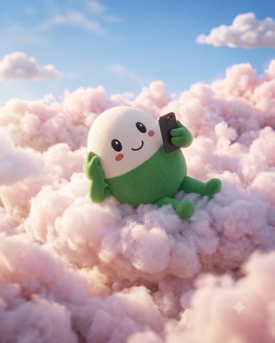 A cute round green and white plush character with rosy cheeks lounges on fluffy cotton candy clouds while holding up a phone, as if checking the $cupsey crypto chart from the comfort of a dreamy pastel sky.