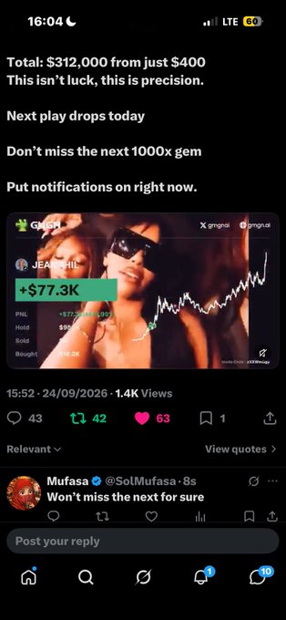 A Twitter/X post screenshot featuring a profile named 'Jeanghil' with a stock chart showing a massive gain of '+$77.3K,' captioned 'Total: $312,000 from just $400. This isn't luck, this is precision.'