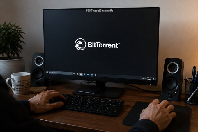 A person sits at a desk using a keyboard and mouse in front of a monitor displaying the 'BitTorrent' logo and the hashtag '#BitTorrentCommunity'.