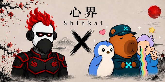 A promotional banner for the "心界 Shinkai" NFT collection featuring a flaming masked samurai warrior alongside cartoon penguin, bear, and rainbow-vomiting characters, with a red sun and plum blossoms in the background, illustrating a collaboration with KaitoAI, Doodles, and Pudgy Penguins communities.