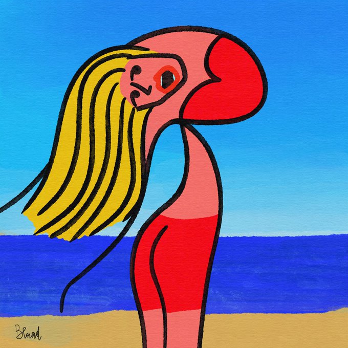 A stylized painting of a woman with long yellow hair in a red swimsuit standing on a beach, signed "3Swm".