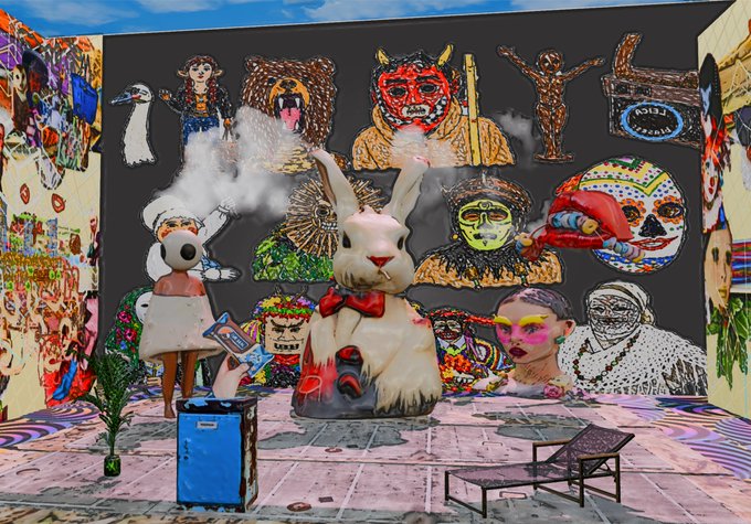 A vibrant digital collage scene featuring a large white rabbit with a red bow tie surrounded by various characters, faces, and figures against a wall of colorful illustrations, with a lounge chair and a potted plant in the foreground.