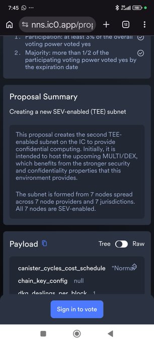 Screenshot of an nns.ic0.app proposal page about creating a new SEV-enabled (TEE) subnet, with a 'Sign in to vote' button.