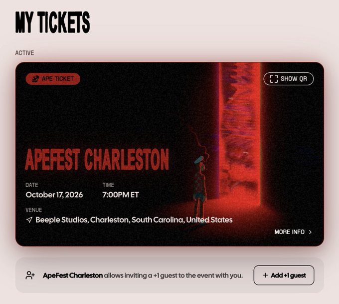 An 'APEFEST CHARLESTON' event ticket displayed on a 'MY TICKETS' screen, scheduled for October 17, 2026 at 7:00 PM ET at Beeple Studios, with an option to add a guest.