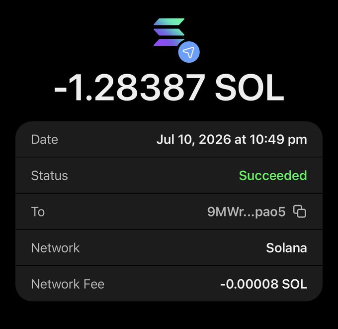 This image shows a successful Solana transaction of -1.28387 SOL sent to 9MWr...pao5 on Jul 10, 2026, as proof of a giveaway. The post states $100 was sent, which would equate to approximately 1.28 SOL at current market rates.