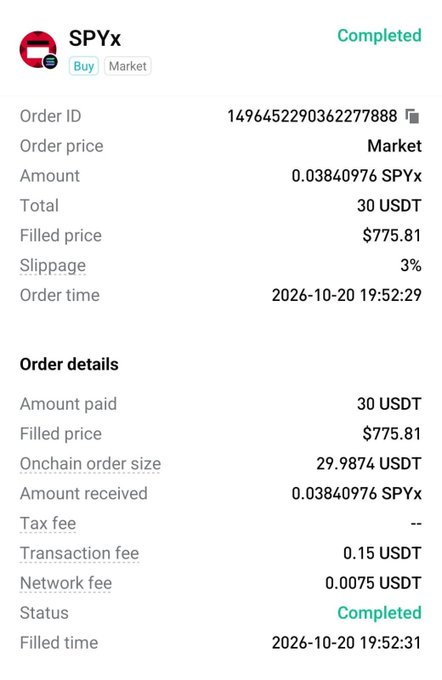 Completed SPYx buy-order screen showing a 30 USDT market purchase filled at $775.81 with 3% slippage and order ID 1496452290362277888.