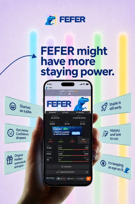 A promotional graphic for the meme coin FEFER with the headline 'FEFER might have more staying power.' featuring a phone displaying Fefer's market data alongside annotations like 'Started as a joke', 'Got messy. Confidence dropped', 'Original holders automatically airdropped', 'Stable is still early', 'History and lore to run', and 'I'm keeping an eye on it'.