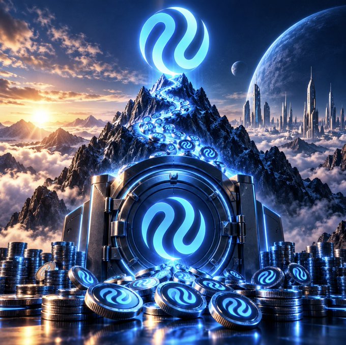 A vault bursting with glowing $INJ tokens sits atop a mountain with the Injective logo illuminated above, symbolizing a record 58.8 million $INJ now locked onchain and tightening supply as staking hits an all-time high.