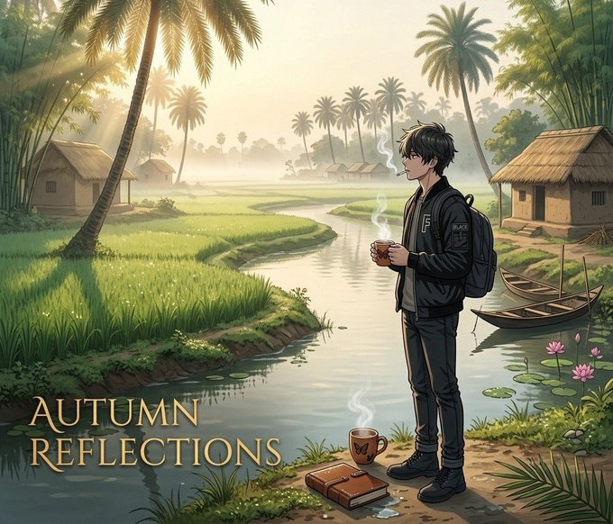A young man with dark hair stands by a tranquil river in a tropical village, smoking a cigarette while holding a steaming cup, with the text "AUTUMN REFLECTIONS" displayed in the lower left corner beside a journal and teacup. The serene, contemplative scene mirrors the post's reflective tone about observing the evolving developments of Season 6 with a calm, mindful perspective.