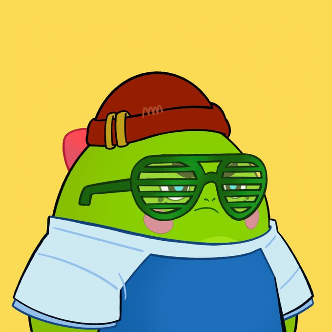A cartoon illustration of a green character wearing a red beanie, shutter shades sunglasses, and a blue and white shirt against a yellow background.