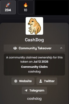 DexScreener profile for CashDog showing 234 rockets and 10 fires alongside its shiba inu logo, with a community takeover claim dated Jul 12 2026 and links to its Website, Twitter, and Telegram.