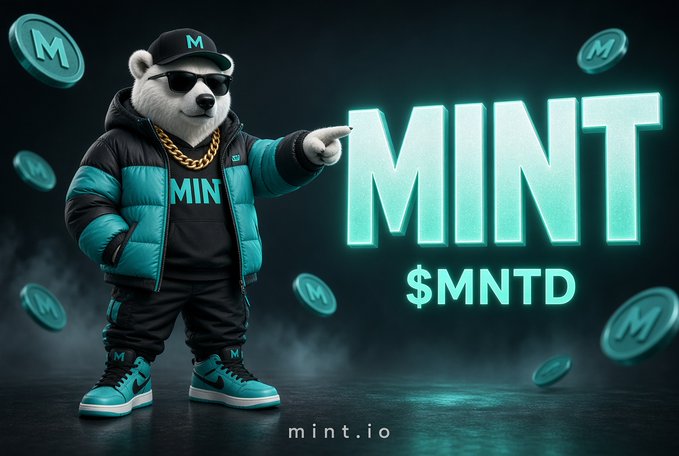 A promotional image for 'MINT' ($MNTD) featuring an anthropomorphic polar bear wearing sunglasses, a gold chain, and a teal puffer jacket, pointing at the glowing 'MINT' text with floating coins around.