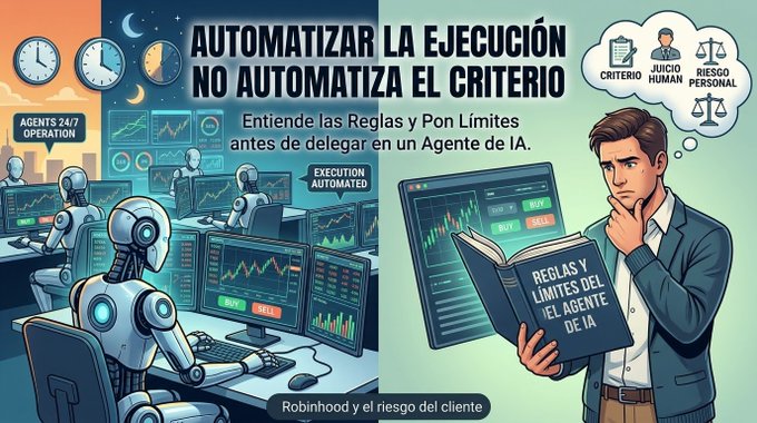 Spanish-language infographic titled 'AUTOMATIZAR LA EJECUCIÓN NO AUTOMATIZA EL CRITERIO' about AI agents in trading, showing robots monitoring financial charts and a man reading 'REGLAS Y LÍMITES DEL EL AGENTE DE IA,' with the caption 'Robinhoood y el riesgo del cliente.'