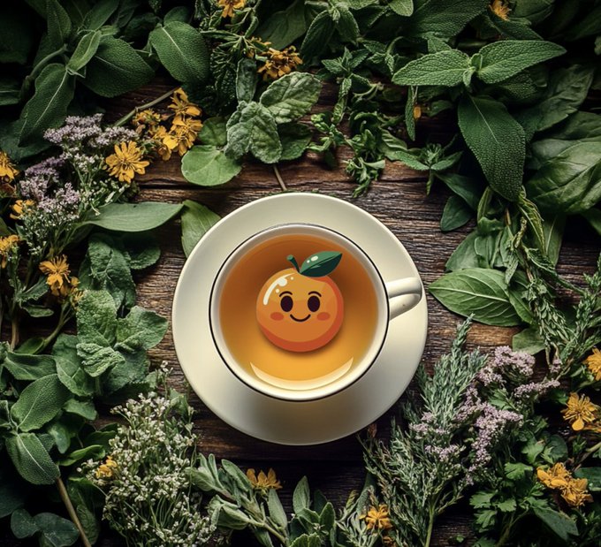 A whimsical overhead view of a teacup filled with amber liquid, featuring a smiling orange character with a green leaf floating inside, surrounded by fresh herbs, sage, and yellow flowers on a wooden surface.