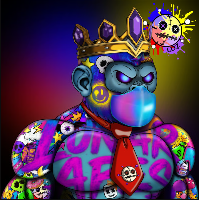 A colorful graffiti-style digital art piece of a blue gorilla wearing a jeweled crown and red tie, with rainbow bubble gum, covered in tattoos and street art elements.
