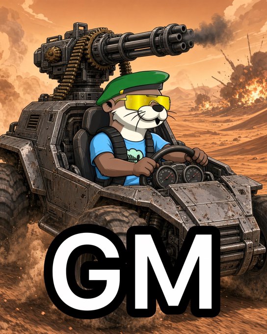 A cartoon image of a character with a mouse-like face wearing a green beret and sunglasses driving a heavily armed military vehicle with a Gatling gun, with 'GM' written in large bold letters at the bottom.