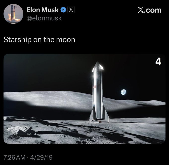 An archived post from Elon Musk (@elonmusk) dated 7:26 AM 4/29/19, showing an illustration of SpaceX's Starship rocket on the moon with the caption "Starship on the moon."