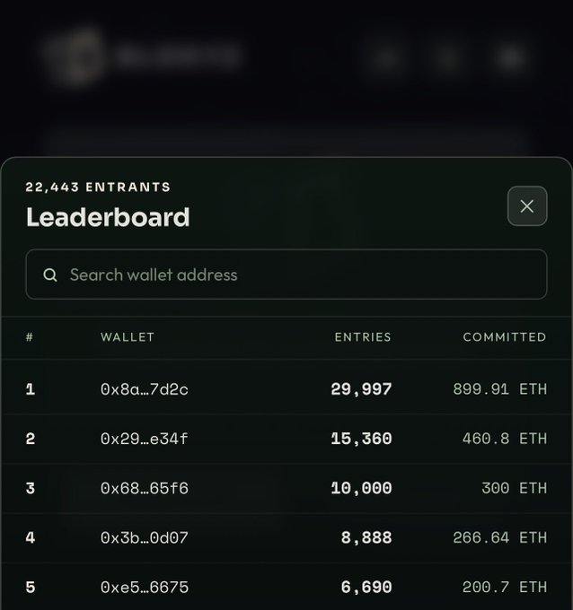 A leaderboard shows 22,443 entrants competing in what appears to be an Ethereum giveaway, with the top entry holding 29,997 entries and committing 899.91 ETH—matching the poster's shocked reaction to the massive 900 ETH commitment from an unknown wallet.