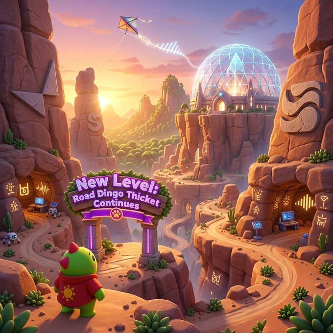 A colorful digital artwork featuring a green dinosaur-like character in a red cape standing before a sign reading 'New Level: Road Dingo Thicket Continues', with a crystal dome structure and a kite in the background.