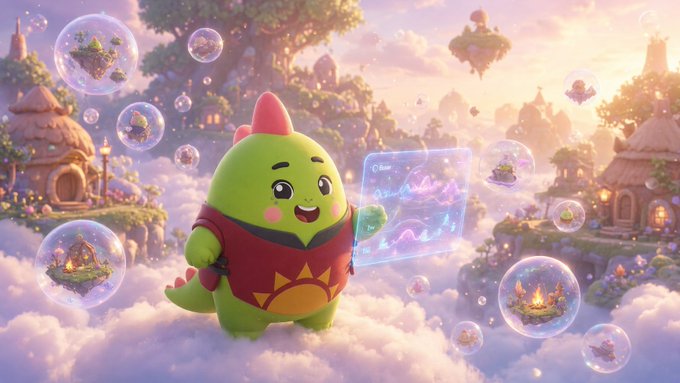 A cute green dinosaur-like cartoon character in a red outfit stands on clouds in a fantasy sky filled with floating islands and bubbles, with a transparent interface panel nearby.