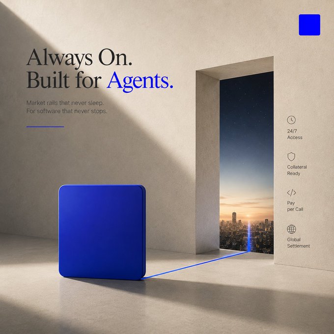 A blue square device beams light into a sunset cityscape, paired with the headline "Always On. Built for Agents." and the tagline "Market rails that never sleep. For software that never stops," alongside icons highlighting "24/7 Access," "Collateral Ready," "Pay per Call," and "Global Settlement." The image visually reinforces the post's critique that Coinbase's "always on" agent infrastructure—powered by x402 crossing 100 million transactions—frames tokenized stocks as a 24/7 utility for software, even when human demand for after-hours Nvidia trading remains essentially nonexistent.